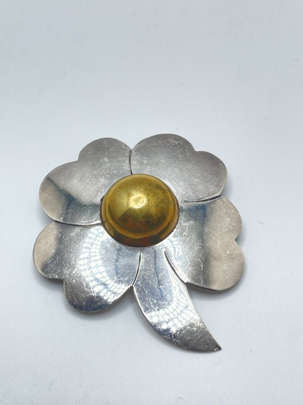 4 Leaf Clover Sterling & Brass Brooch
